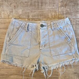 American Eagle gray jean shorts with a distressed hem and front utility pockets
